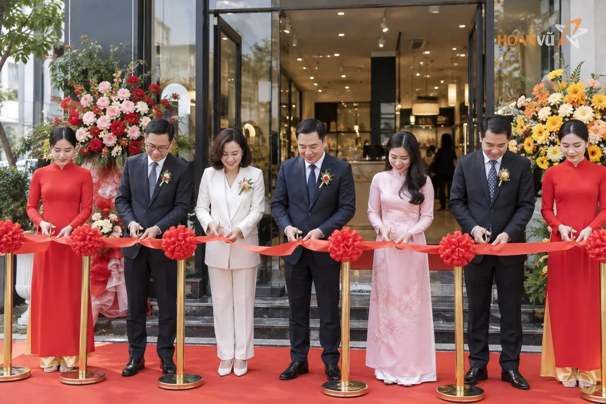 Lễ cắt băng khai trương cửa hàng, khách mời cầm kéo trước dải lụa đỏ