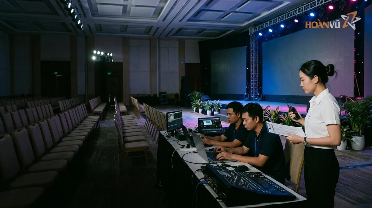 Event coordinator with a run sheet beside the control desk at rehearsal